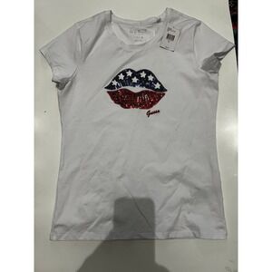 GUESS White Sequin Flag Lips T-Shirt, XL NWT
